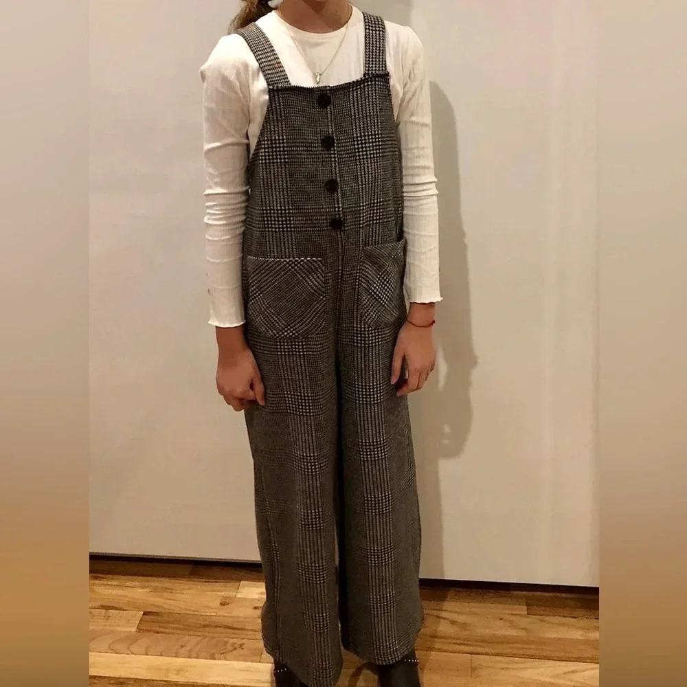 Zara Girls Wide Leg Grey Herringbone Jumpsuit Coverall Size 11-12
